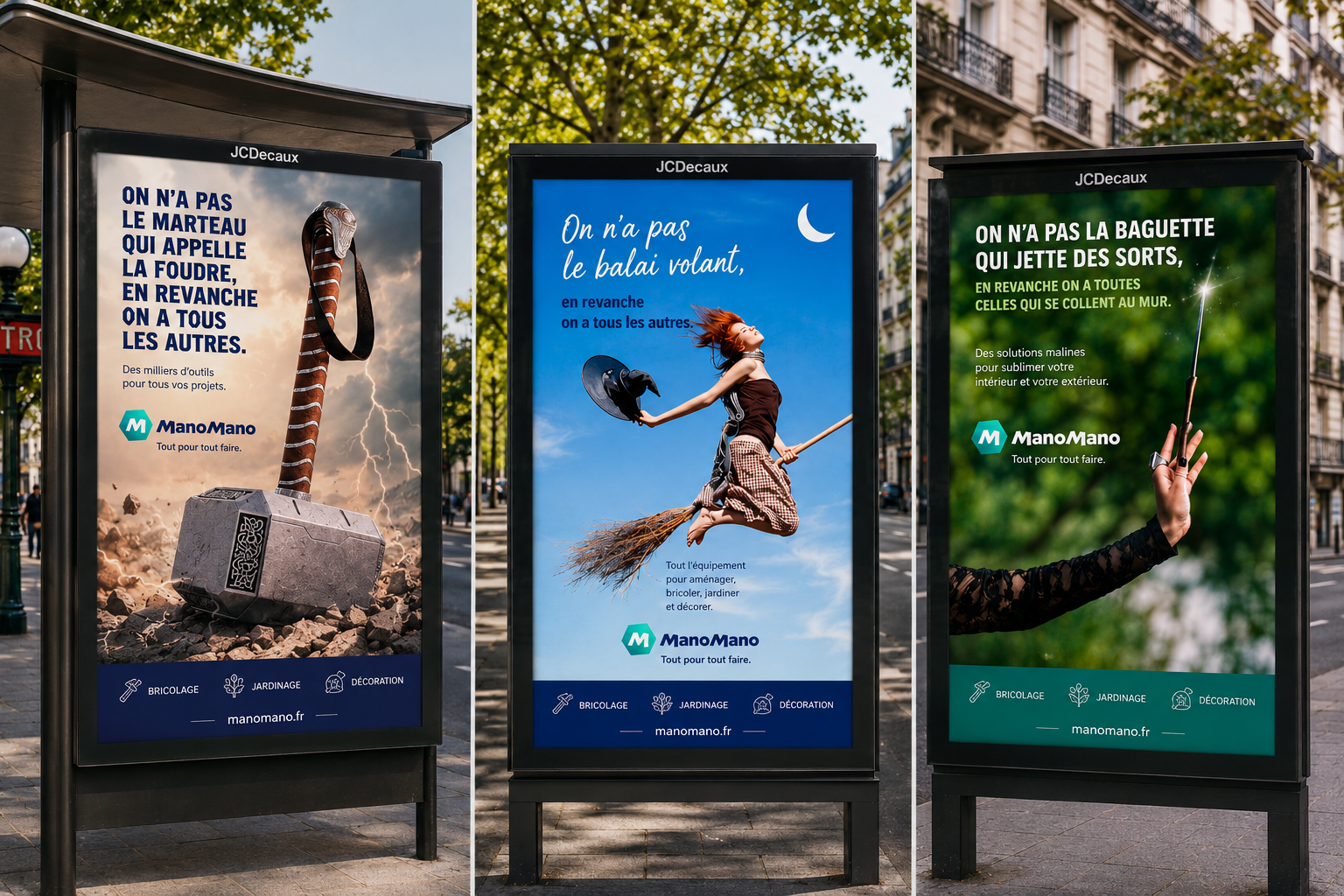 Exemple d'accroches publicitaires ManoMano en affichage