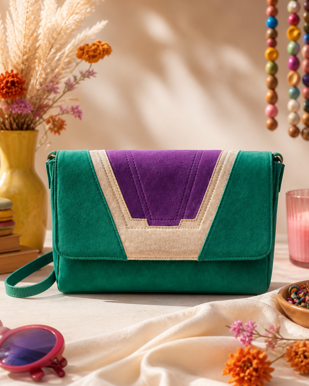 Sac vert et violet en studio