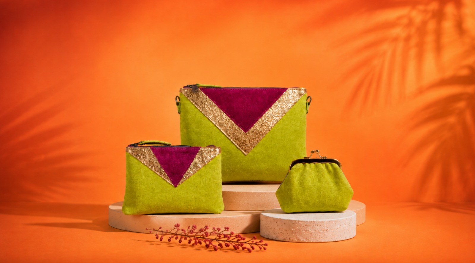 Shooting produit avec sacs sur fond orange